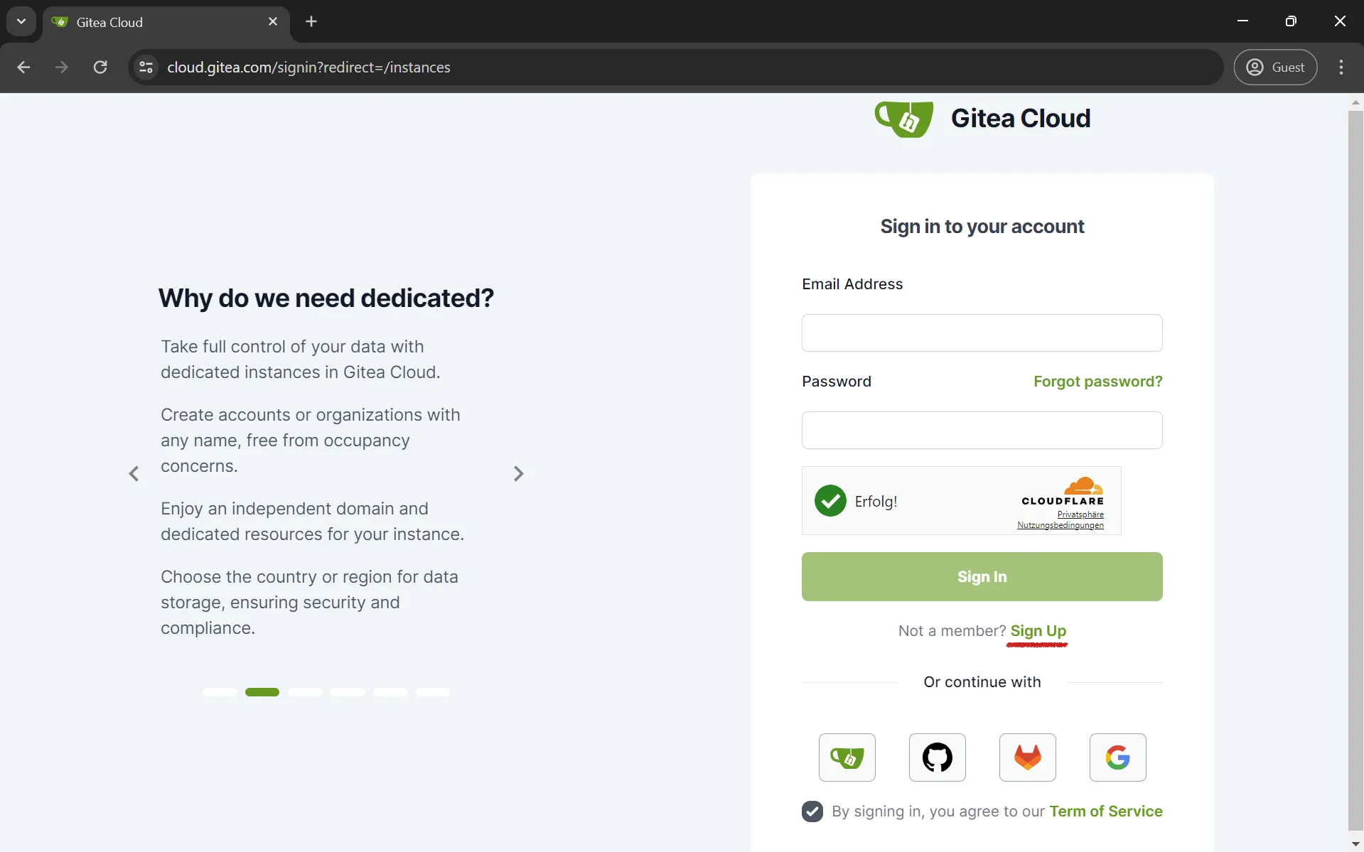 Go to cloud.gitea.com and create a new Gitea Cloud account