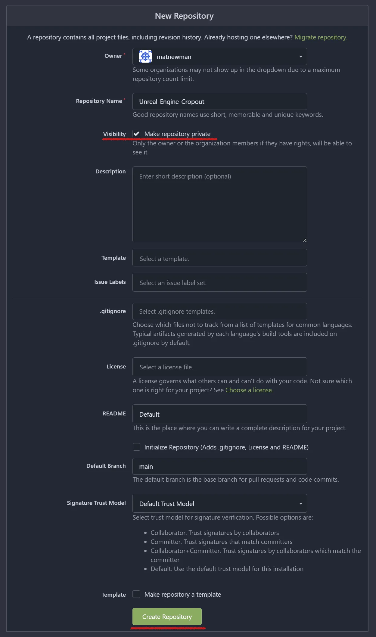 Enter a meaningful repository name. Make it private. Especially if you're using paid assets from an asset store, you don't want them available for unrestricted download on the Internet.