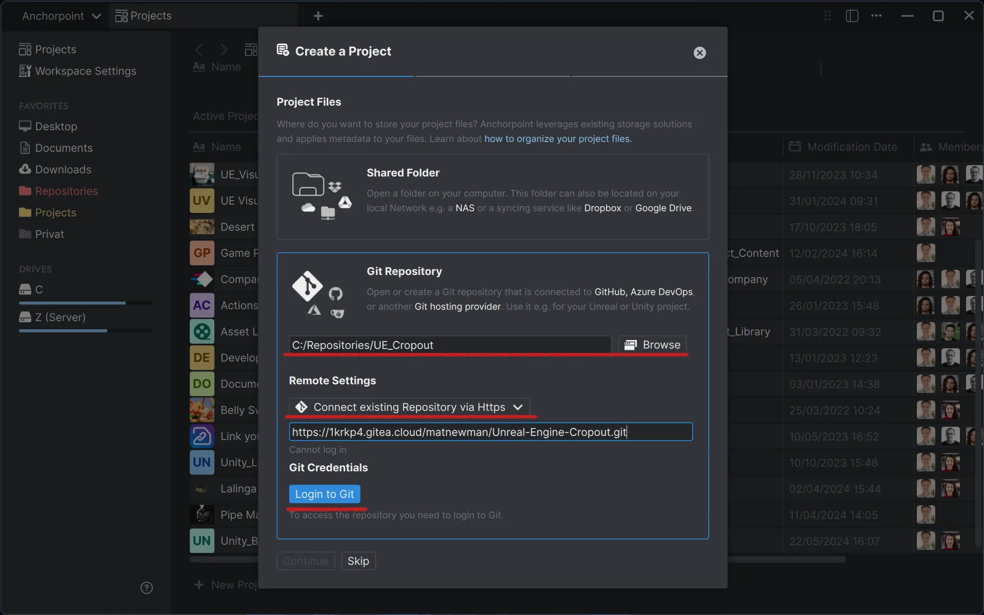 Browse to your Unreal Engine project and under "Remote Settings" select "Connect existing repository via https". Anchorpoint will then try to authenticate with Gitea. Click on "Login to Git".