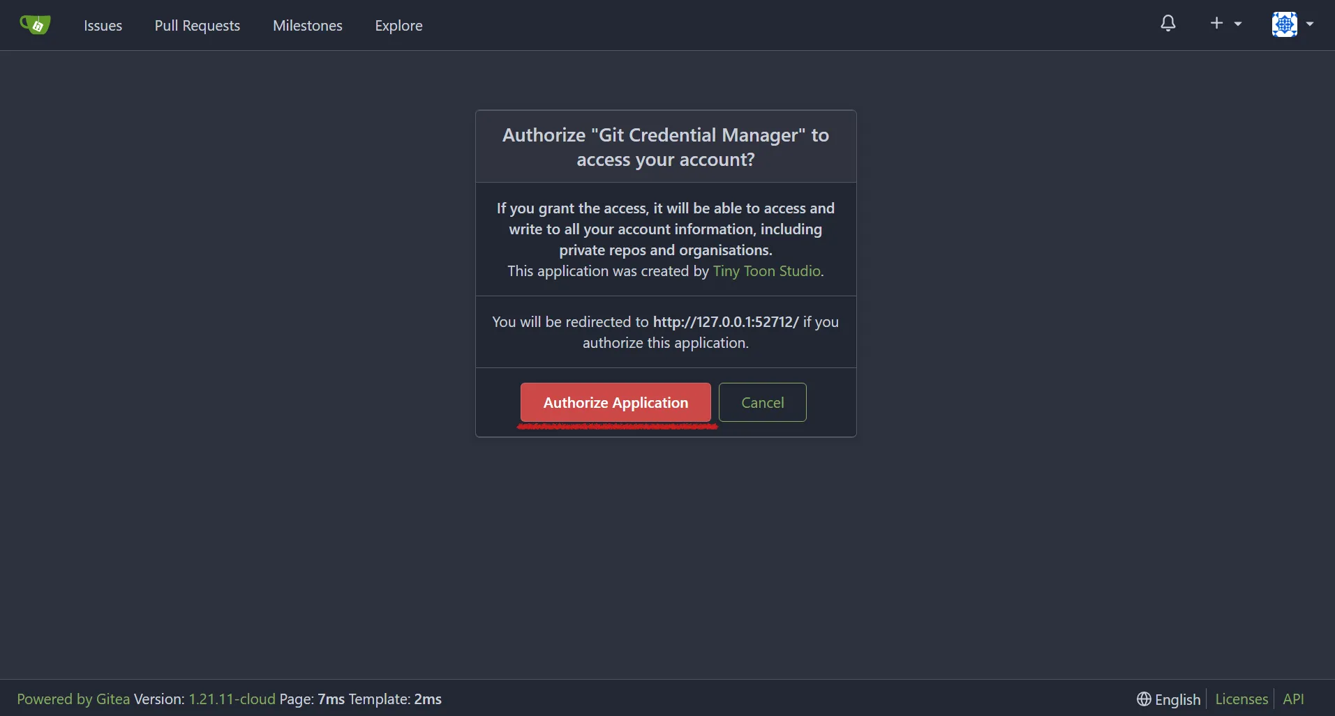 The "Login to Git" button will redirect you to your Gitea instance and ask for authorization. Click "Authorize Application".