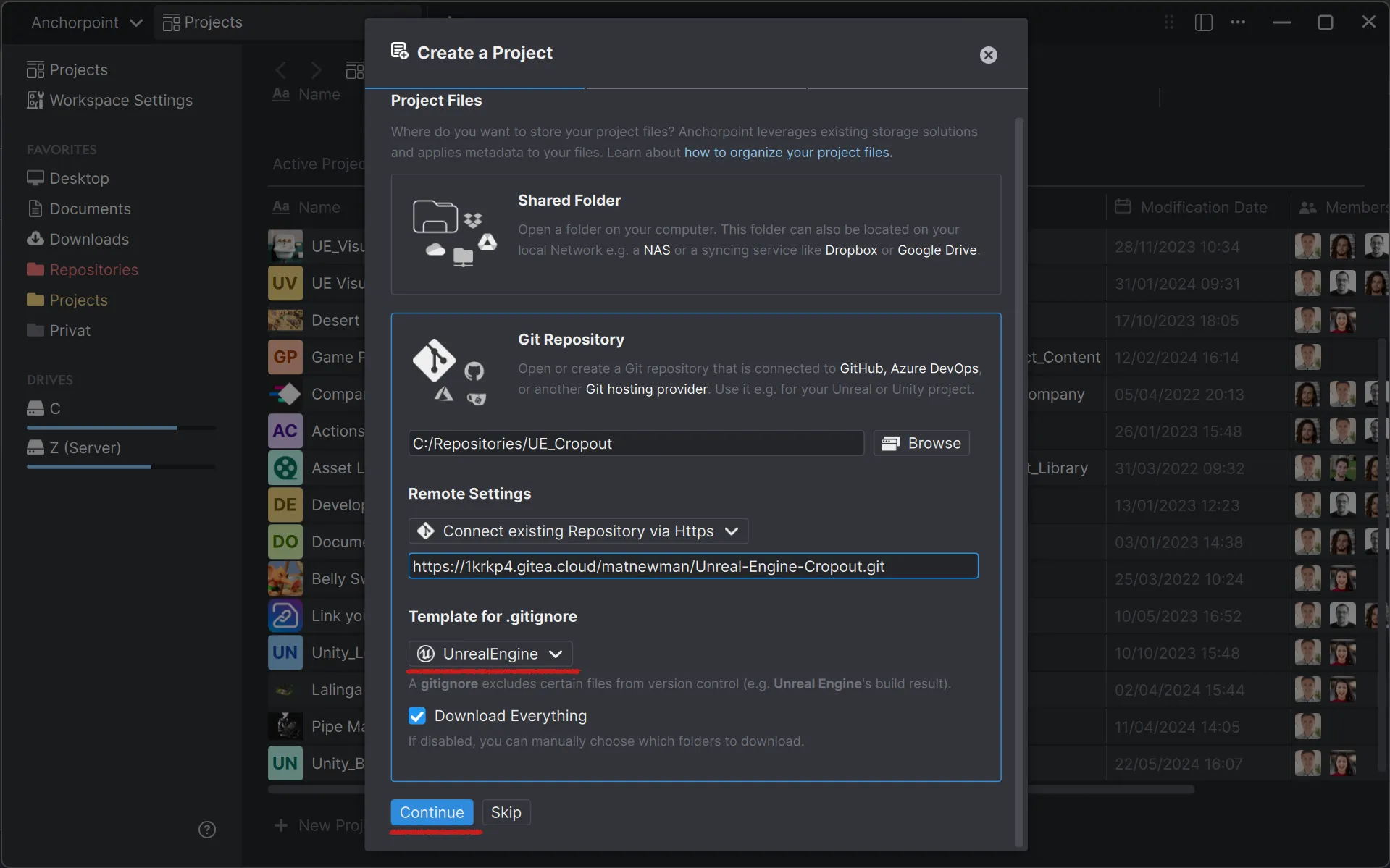 Once the authorization is complete, go back to Anchorpoint. Select a .gitignore for Unreal Engine and proceed to the next step. In the next step you will be asked to enter a project name, which is up to you. You can also skip inviting members at this point and just create the project.