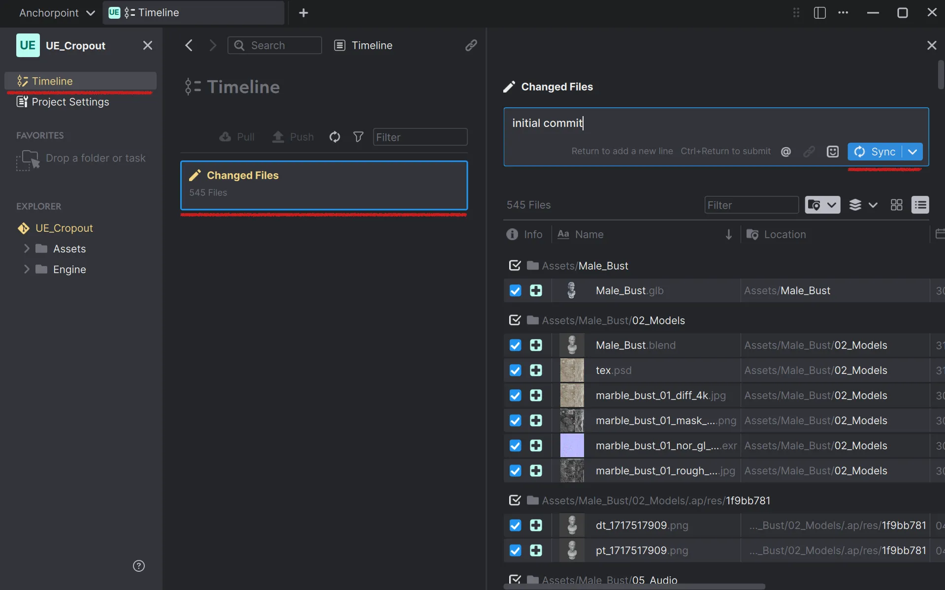 Click on "Timeline" and then on "Changed Files". Write an appropriate message and "sync" all your files with Gitea. "Sync in Anchorpoint is basically a combination of git add, commit, and push. Before adding files to Git, Anchorpoint checks all files for binaries and automatically tracks them as Git LFS.