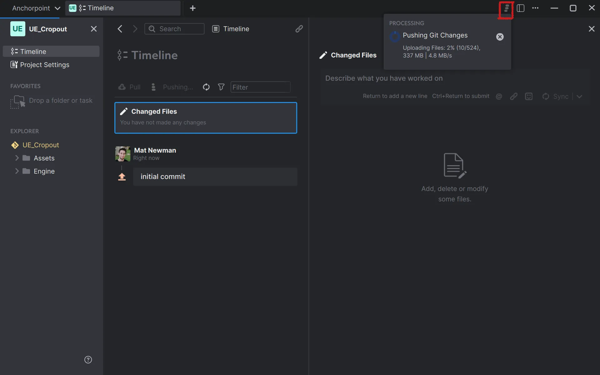 Technically, Anchorpoint will first do a git lfs push before pushing the git commit. In case of a failure, you can restart the push and it will just start pushing the remaining files to the server.