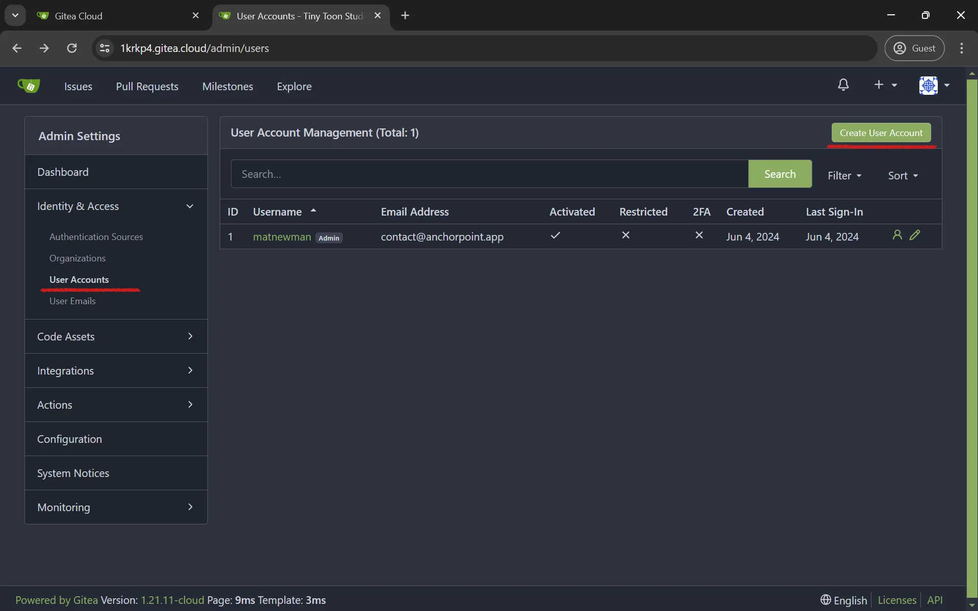 Click on User Accounts and pick “Create User Account”