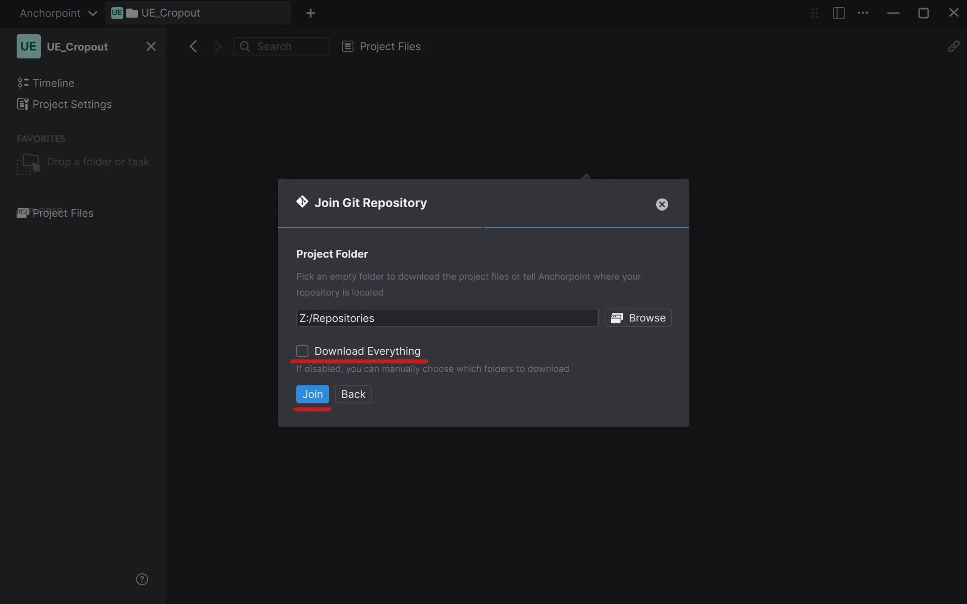 Disable the “Download Everything” checkbox to selectively pick what you want to work on