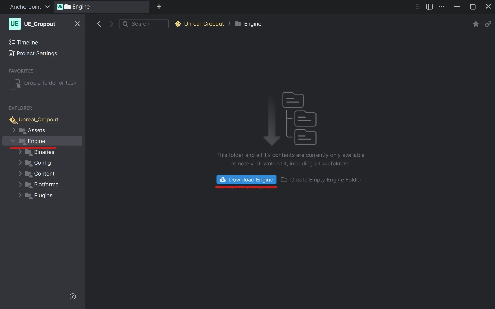 Pick the “Engine” folder and click on “Download Engine” if you would like to only work on the Unreal Engine project and not on the art assets.