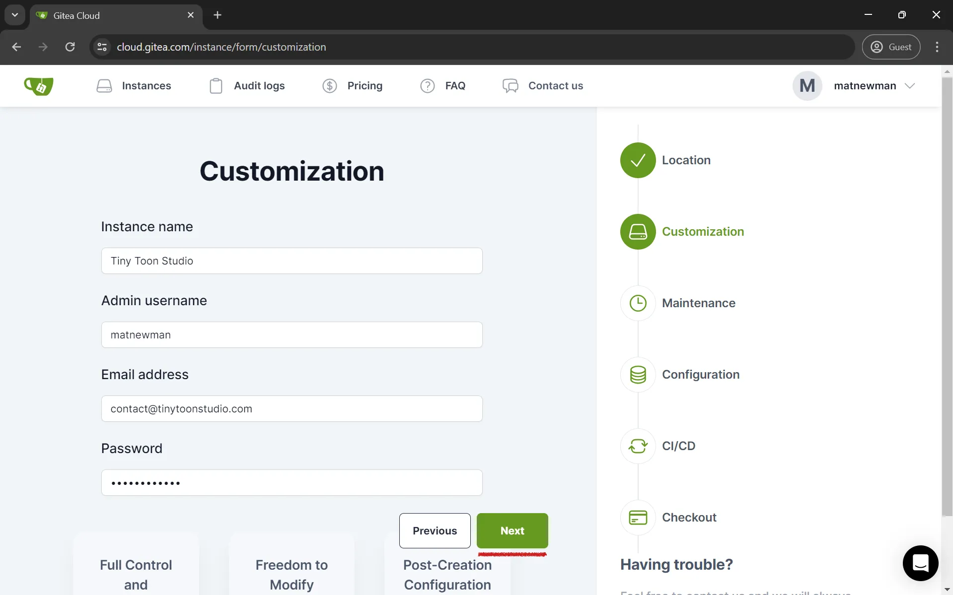 Enter the name of your studio and create an account for the main admin of the cloud instance