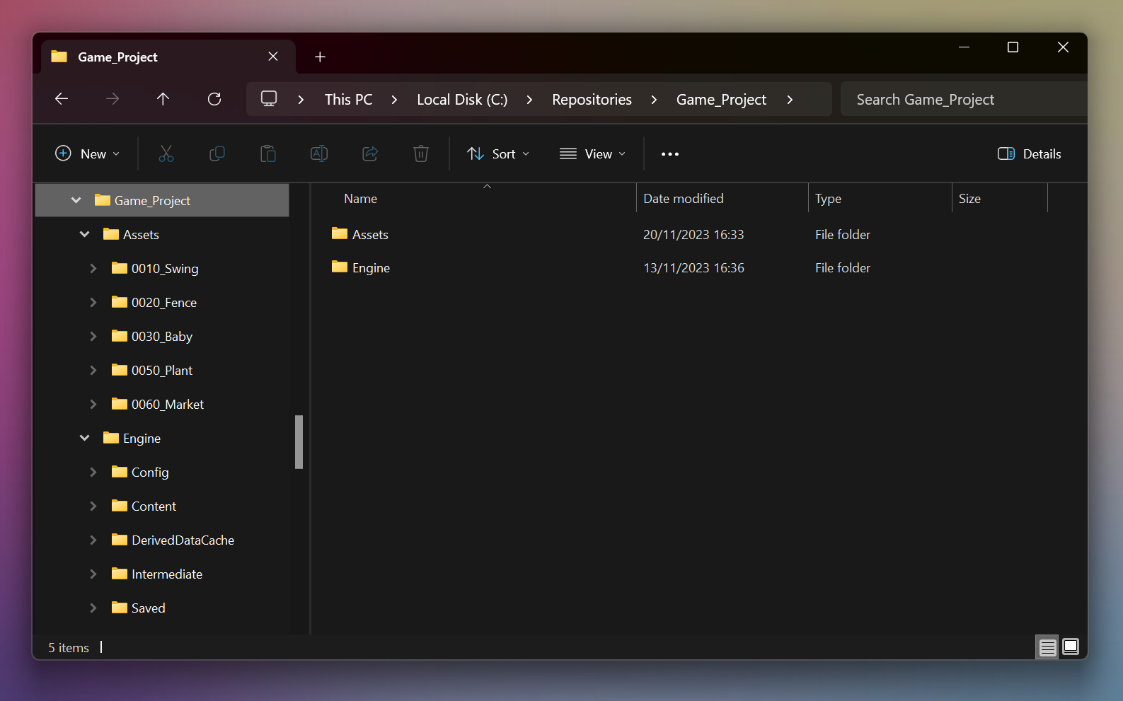 The project structure that includes the assets, created in a DCC such as Blender